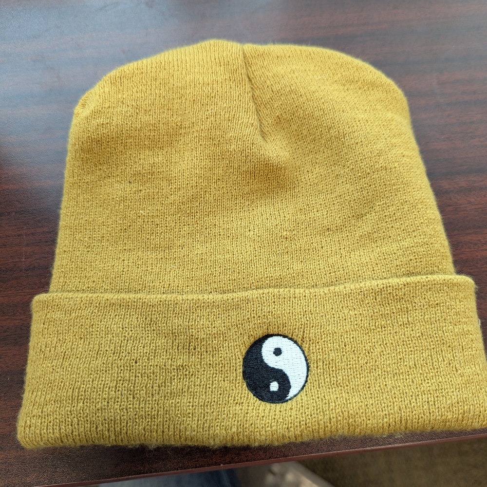 Yellow and Black Cuffed Knit Hat with Yin Yang Design